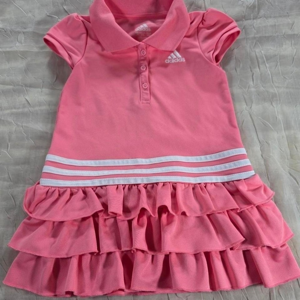 Adidas Girls Pink Ruffle Polo Dress 3T Short Sleeve Pique Sporty Classic
